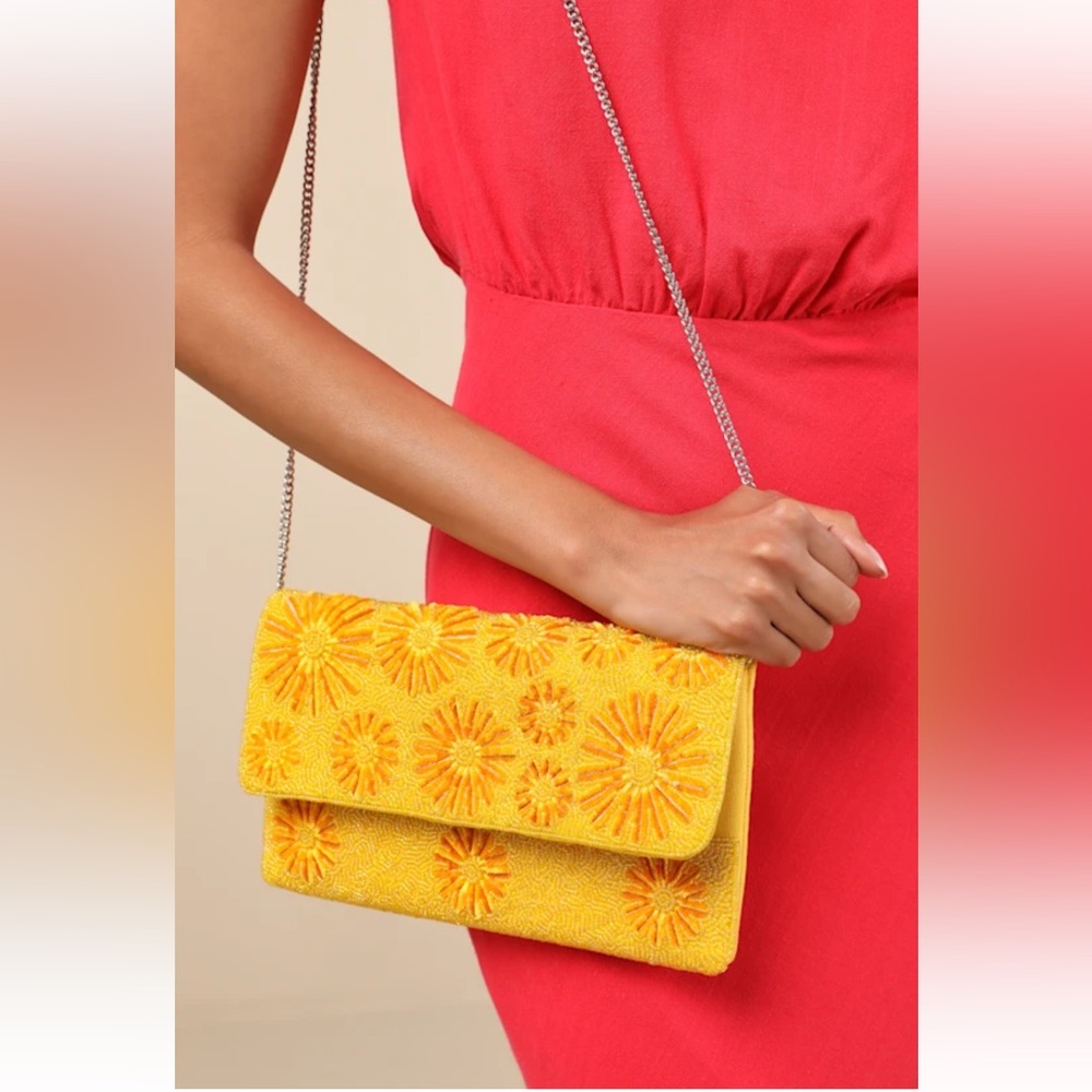 Lulus Exclusive Presence Yellow Beaded Floral Clutch - Size One Size - Picture 3 of 7